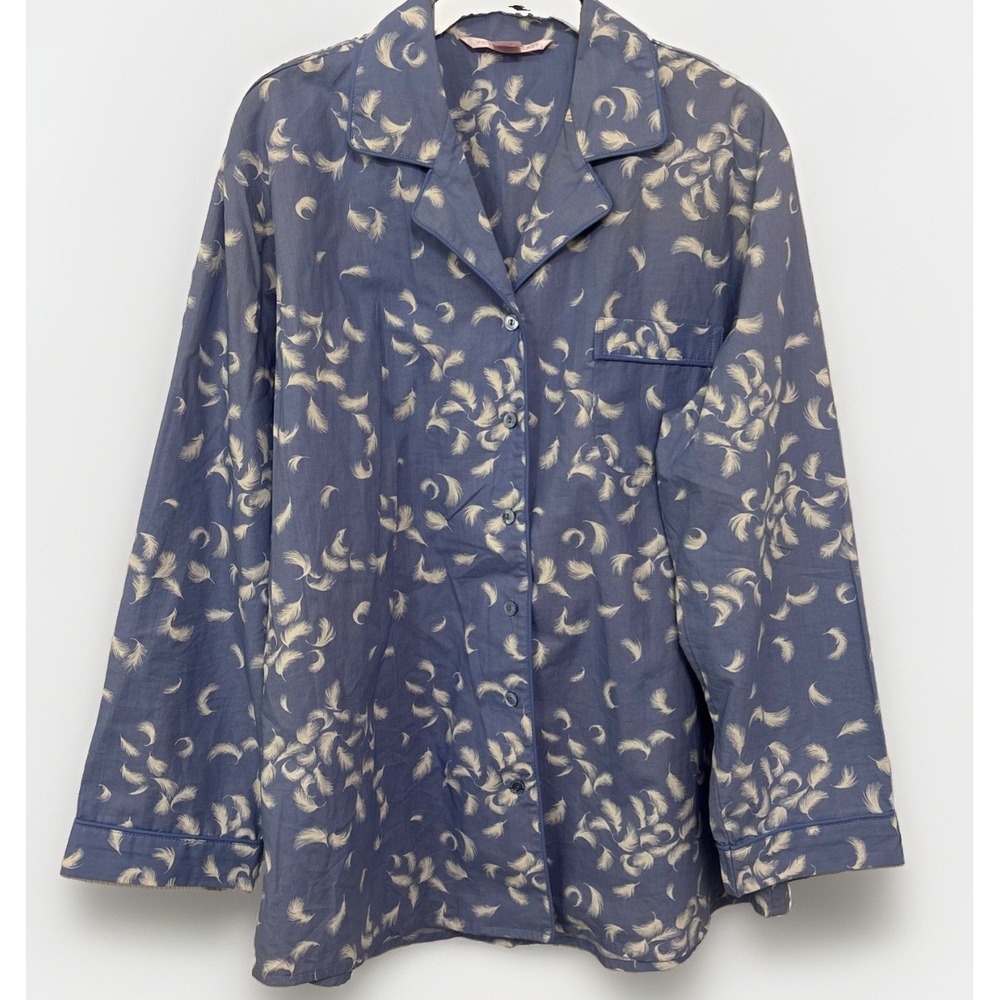 Victoria Secret Pajama Top Cotton Button Up Feather Print L/Sleeve M Blue White